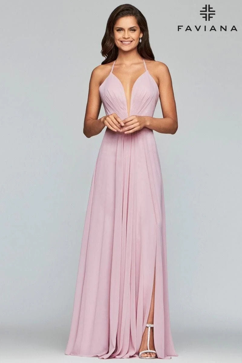 Chiffon V-Neck Evening Dress With Full Skirt And Lace-Up Back