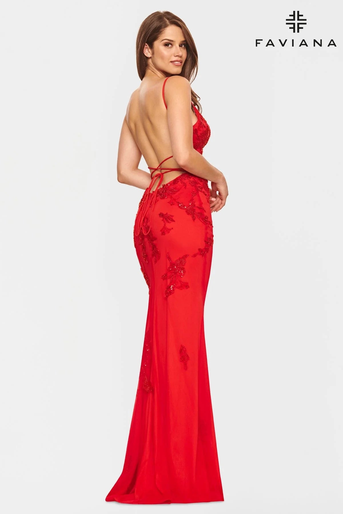 Beaded Lace Long V Neck Dress With Open Back | S10633