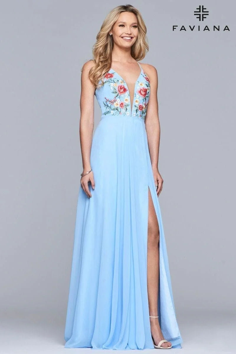 V Neck Long Chiffon Dress With Floral Embroidered Bodice