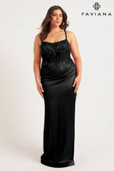 Black Plus Size Satin Corset Dress With Exposed Boning And Beading | 9592