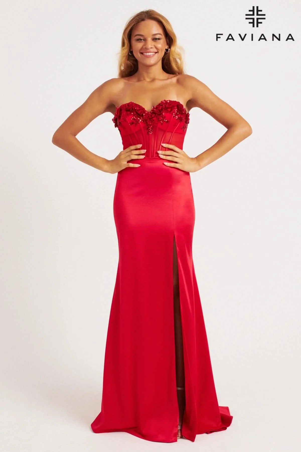 Red Strapless Corset Dress With Rosette Flower Appliqués | 11248