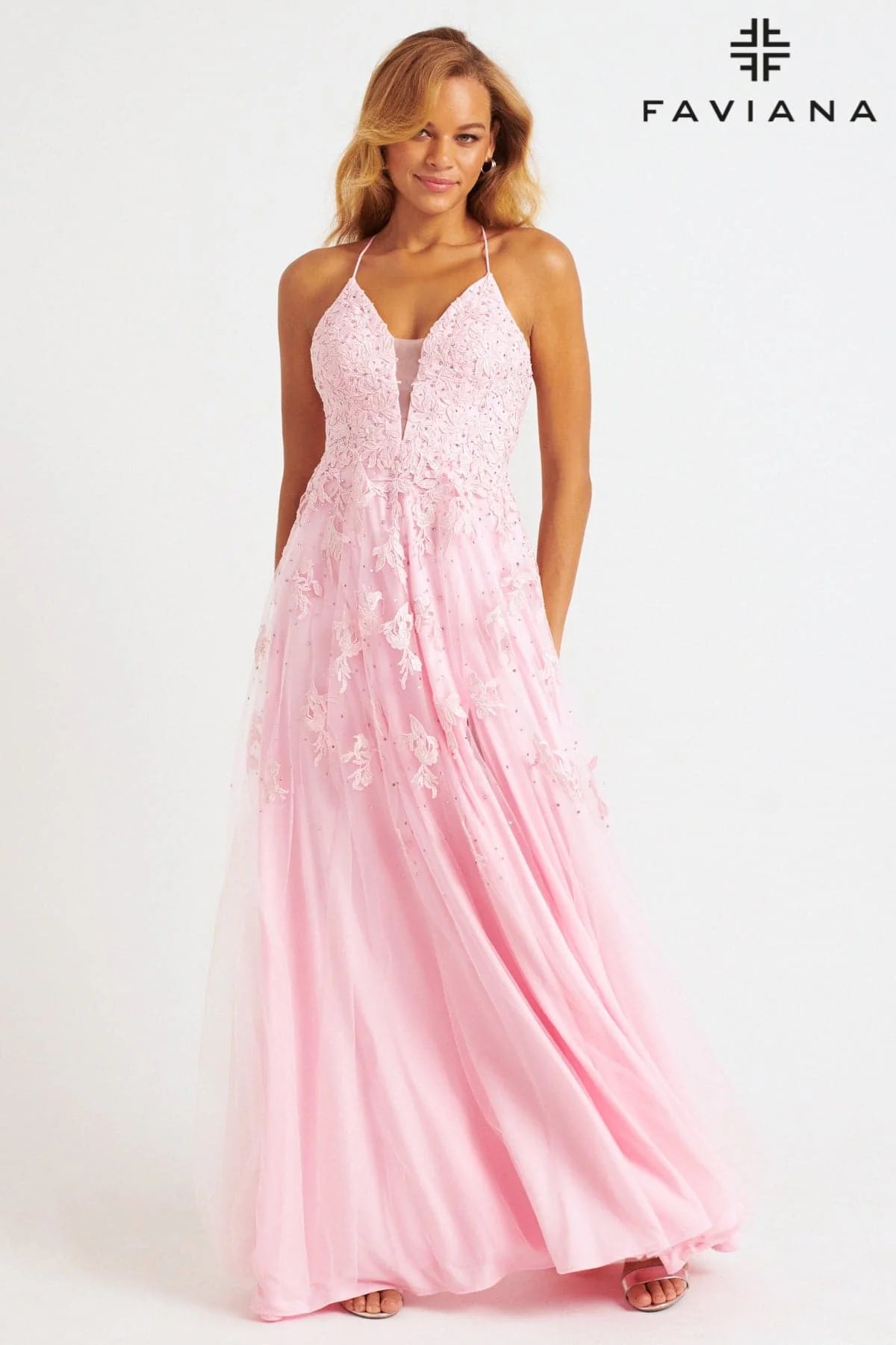 Light Pink Long Lace Deep V Neck Dress With Lace Up Back | S10640