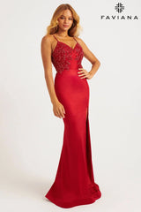 Sparkle Stretch Satin Beaded Long Dress With Lace-Up Open Back | 11256