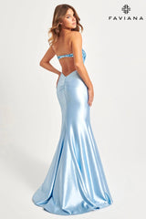 Sleek Shiny Strapless Satin Long Dress With Sequin Appliqué Bustier | 11060