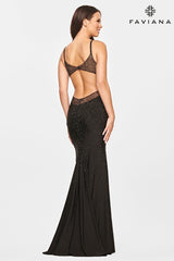 Black Beaded Open Back V Neck Dress With Rhinestones | S10500