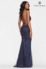 Navy Beaded Lace Long V Neck Dress With Open Back | S10633