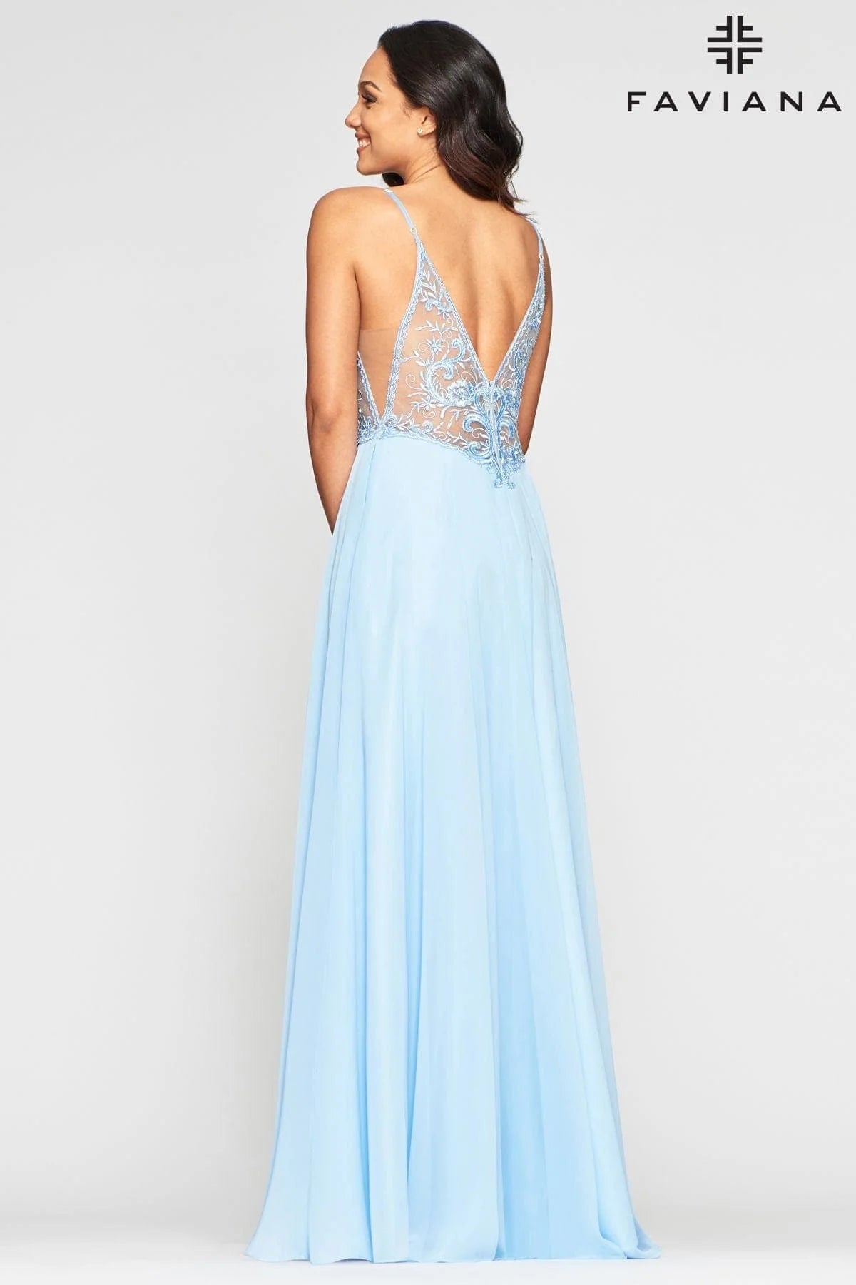 Long Chiffon Dress With V Neck And V Back