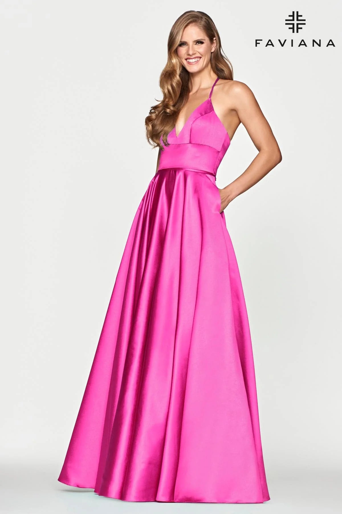 Satin Ballgown Dress With Lace Up Back And V Neck | S10252