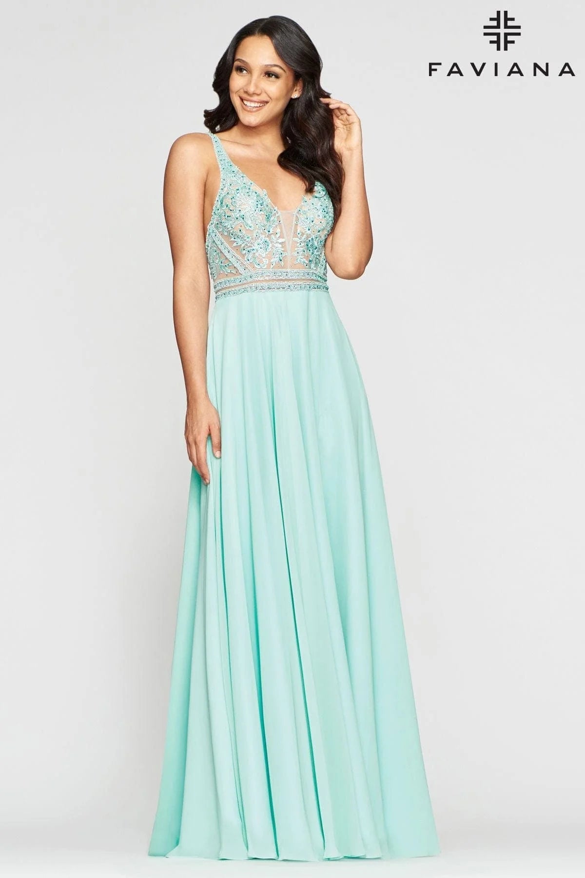 V Neckline Prom Dress With Chiffon Skirt And Mesh Paneling