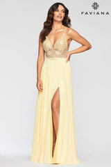 Long Chiffon Dress With V Neck And V Back