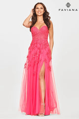 Hot Pink Long Tulle Prom Dress With Corset Bodice And Lace Appliqué | S10814