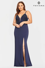 Plus Size V Neck Long Dress Featuring Applique Bodice