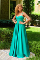 Jade Green Satin Ballgown Dress With Lace Appliqué Corset | 11259