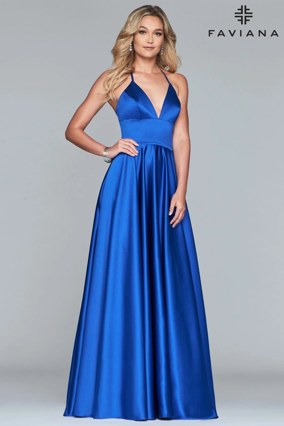 Satin Ballgown Dress With Lace Up Back And V Neck | S10252