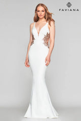 Long V Neck Neoprene Dress With Beaded Applique At Waist And Open Back