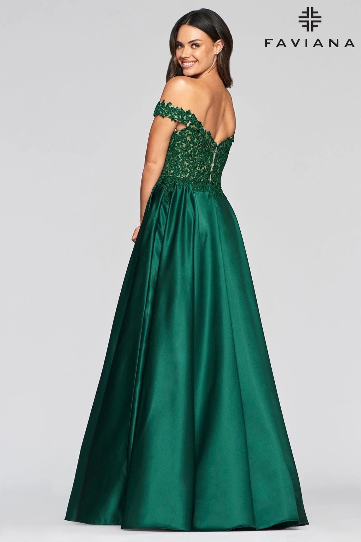 Off The Shoulder Ballgown Dress With Satin Skirt And Lace Bodice