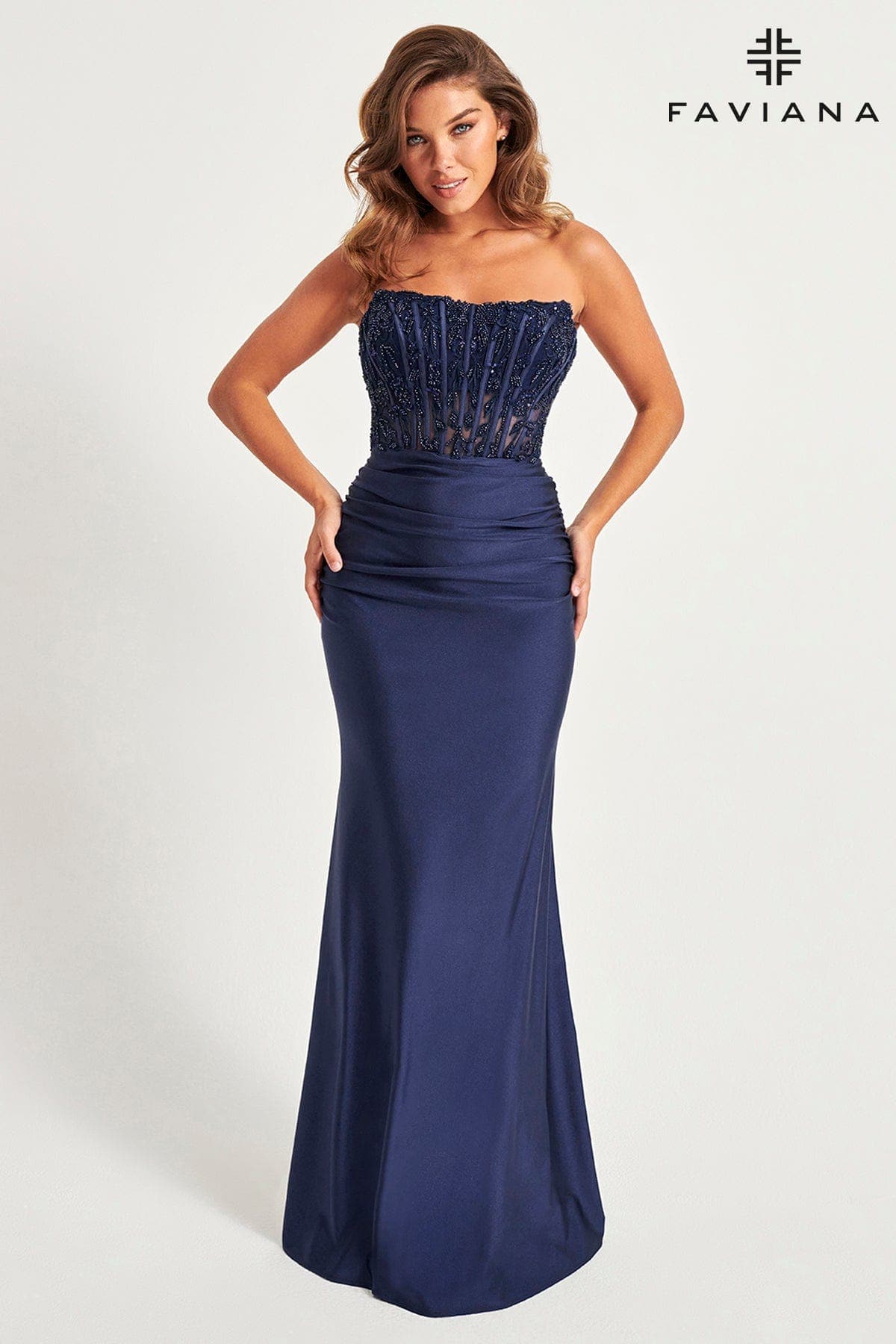 Navy Exposed Boning Strapless Corset Dress With Embroidered Appliqué | 11081