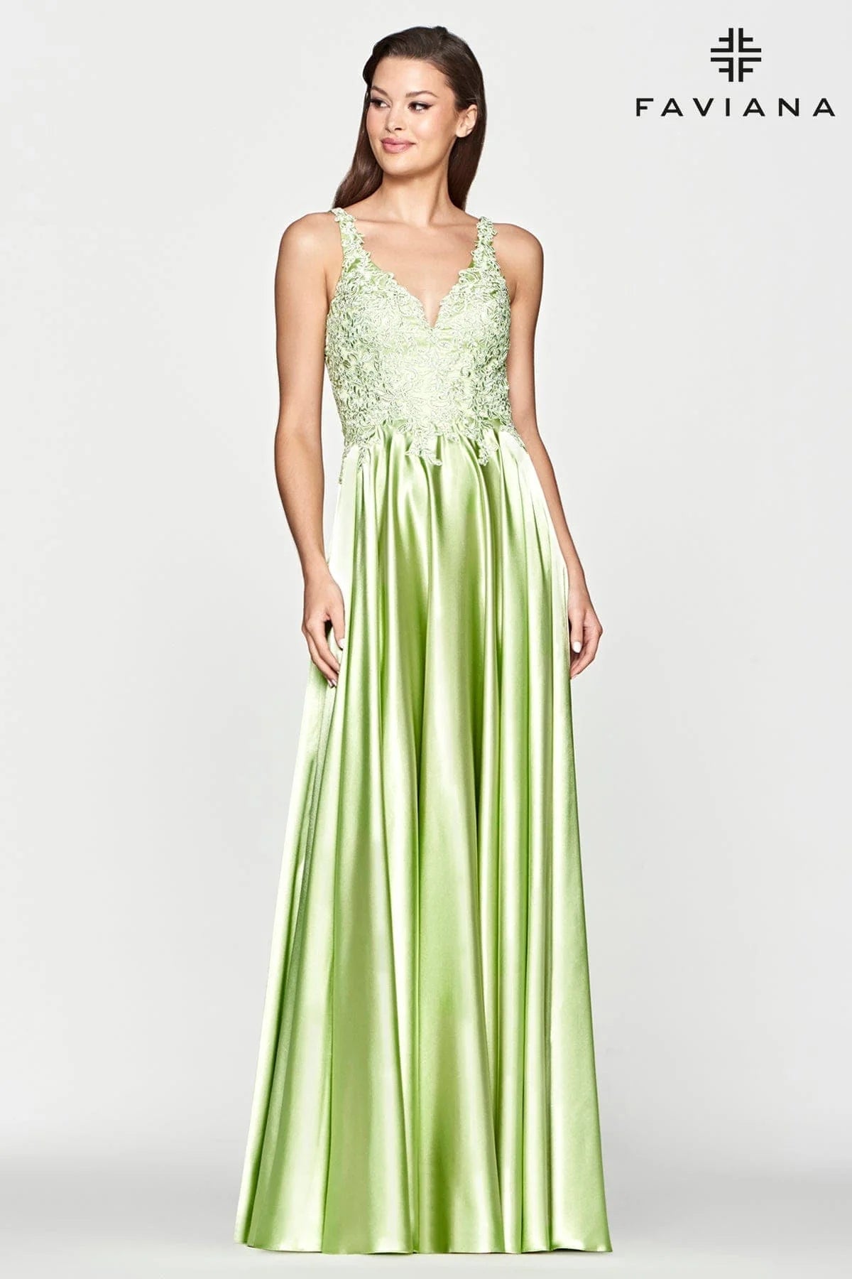 Long Charmeuse Dress With V Cut Back And Embroidered Bodice