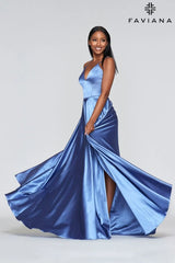 Blue Silky Charmeuse Lace Up Back Prom Dress With Side Pockets