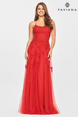 Scoop Neck Lace Ball Gown With Leg Slit And Corset Back