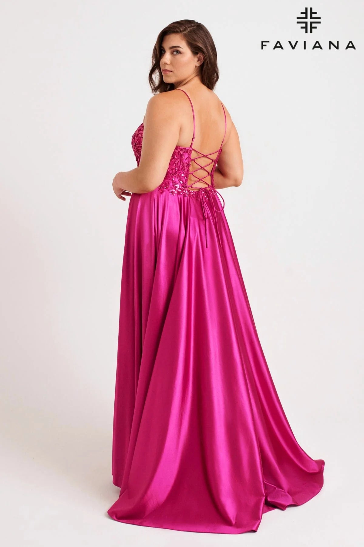 Plus Size Charmeuse Gown With Scoop Neck Beaded Bodice | 9582