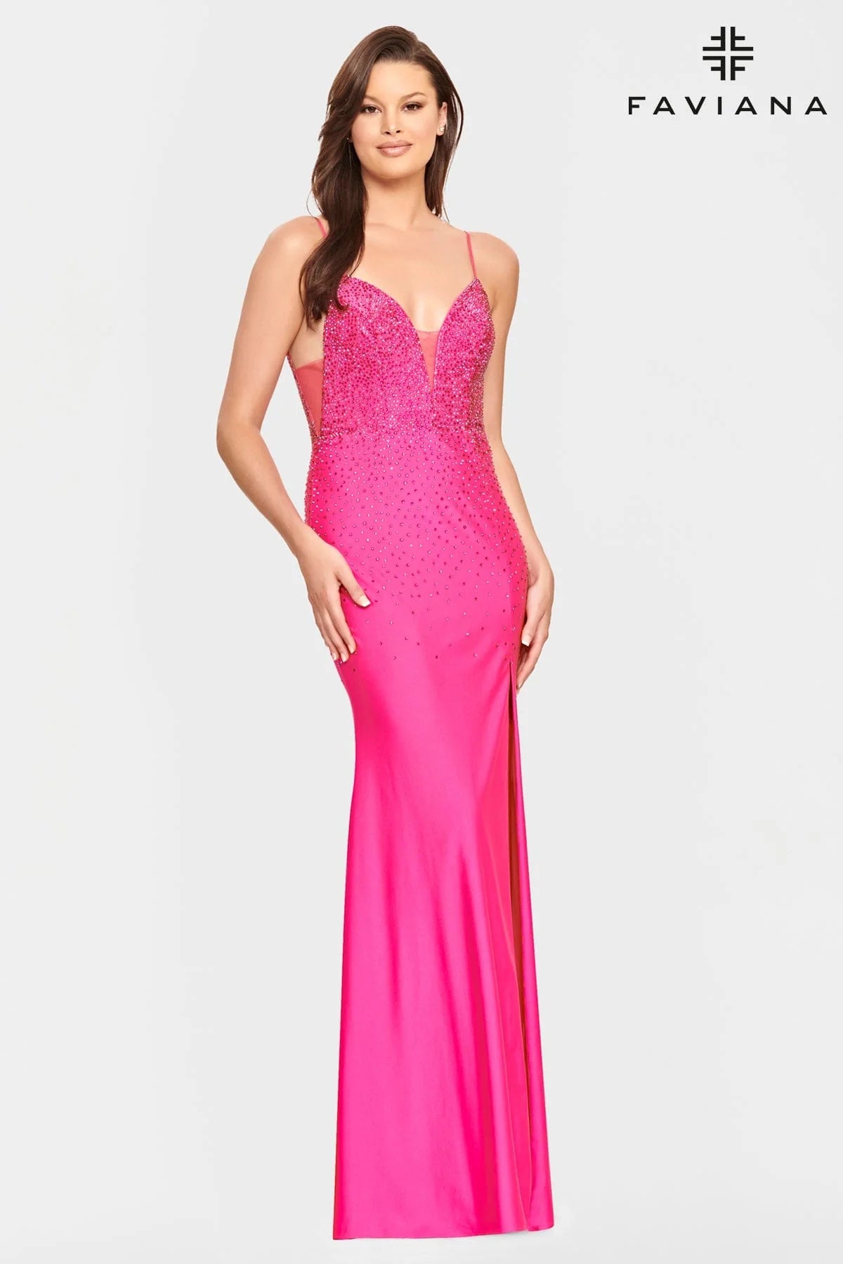 Tight Long Beaded Prom Dress With Deep V Neck And Mesh Side Panels