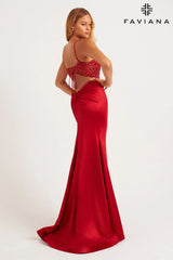 Red Sparkle Stretch Satin Beaded Long Dress With Lace-Up Open Back | 11256