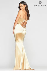 Stretch Satin Long Dress With Deep V Neck