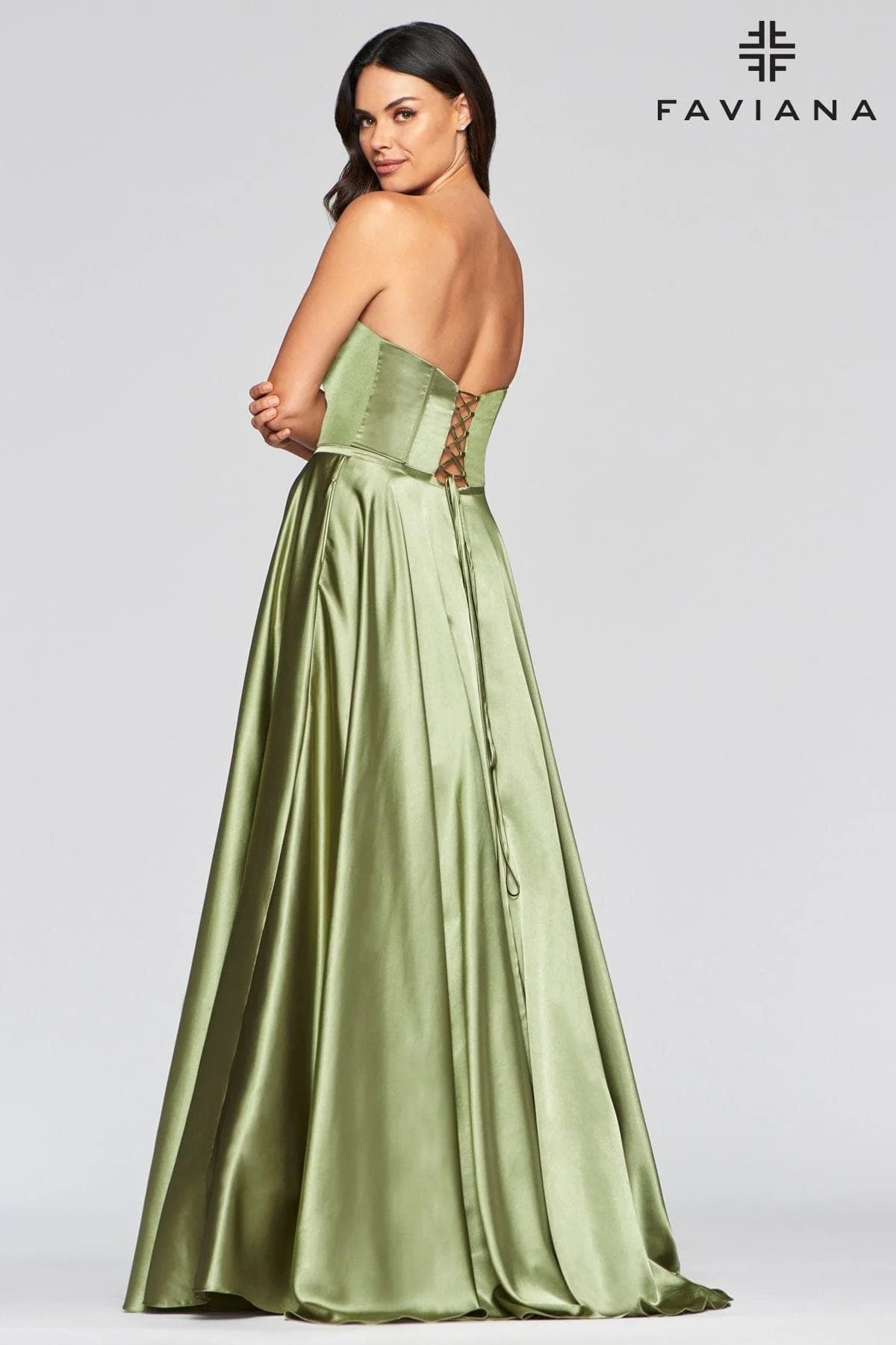 Long Strapless Satin Ball Gown Dress With Deep V Neck