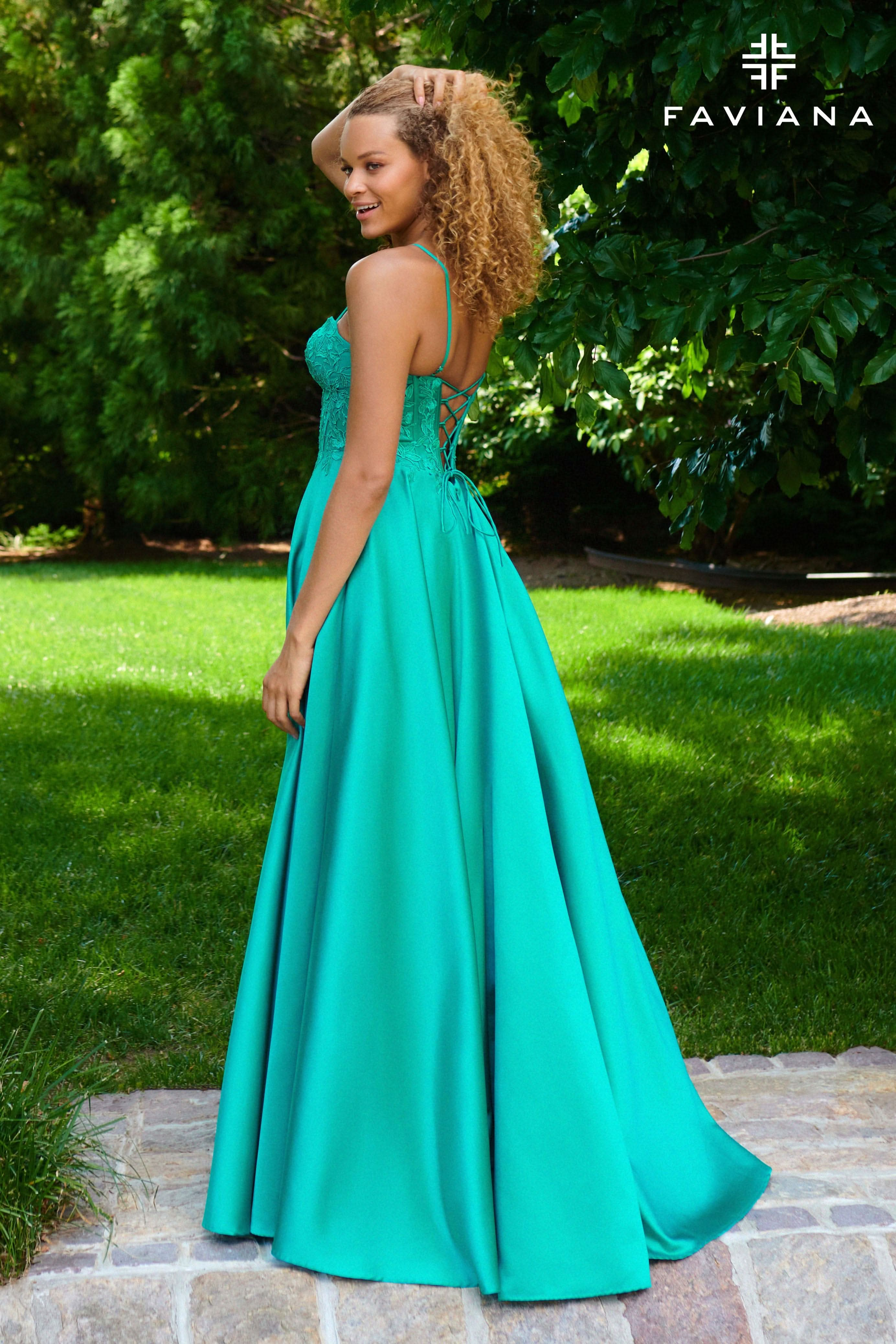 Jade Green Satin Ballgown Dress With Lace Appliqué Corset | 11259