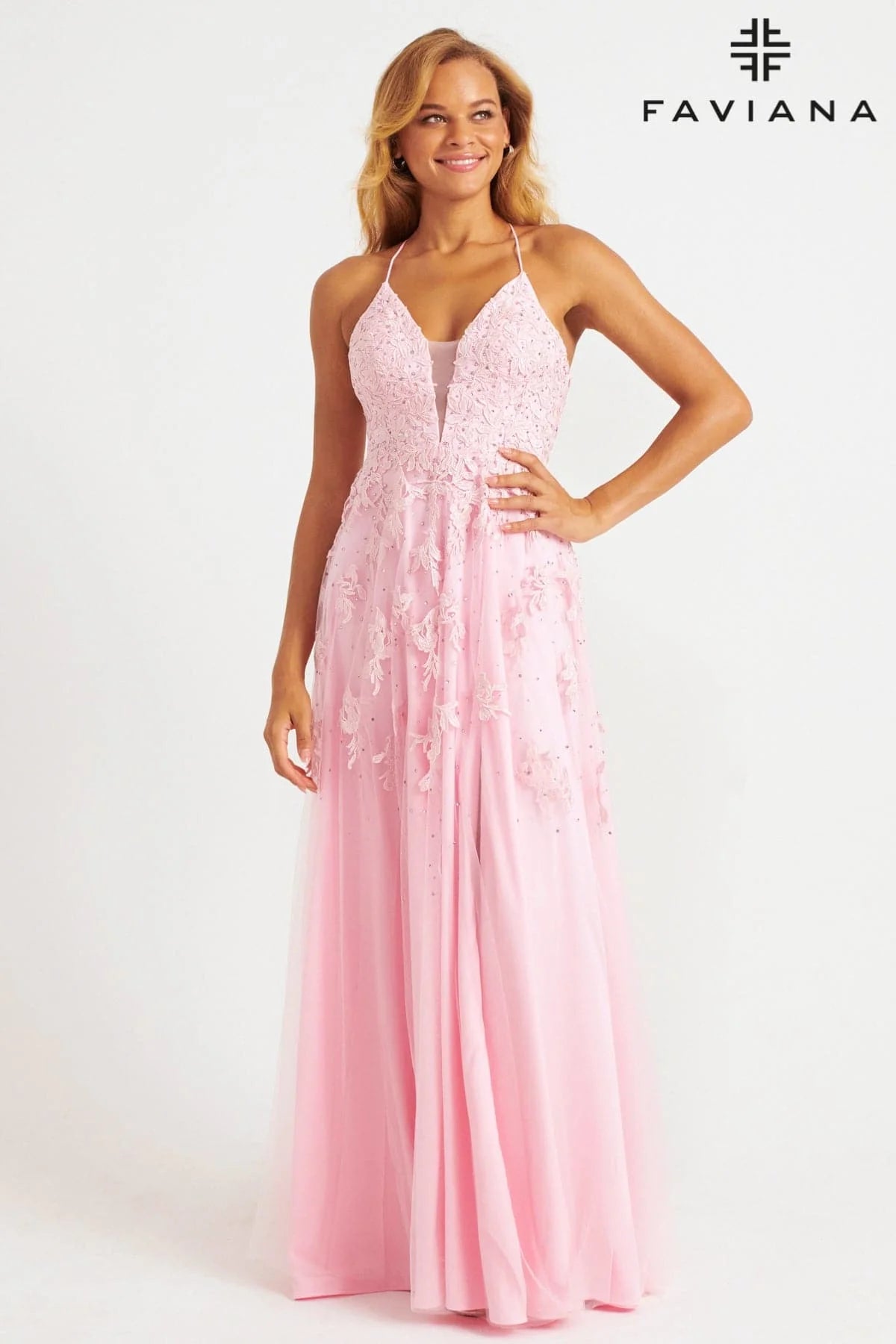 Light Pink Long Lace Deep V Neck Dress With Lace Up Back | S10640