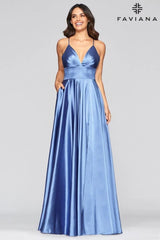 Long Matte Satin V-Neck Lace-Up Gown