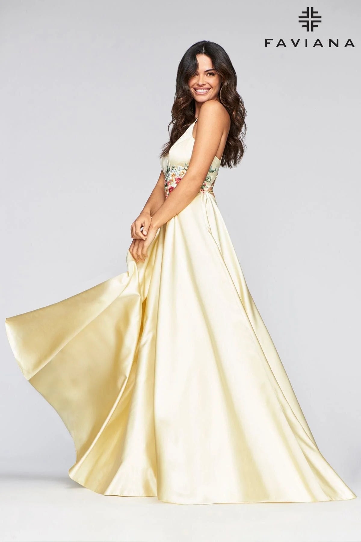 Long Satin Ball Gown With Floral Lace Embroidery