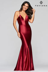 Stretch Satin Long Dress With Deep V Neck