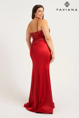 Red Plus Size Satin Corset Dress With Exposed Boning And Beading | 9592