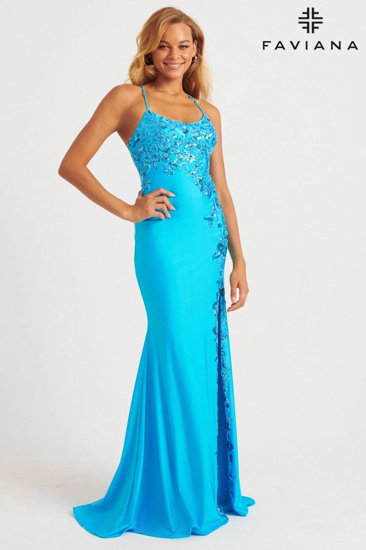 Scoop Neck Gown With Sequin Applique And Lace-Up Back | 11017