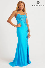 Sky Blue Scoop Neck Gown With Sequin Applique And Lace-Up Back | 11017