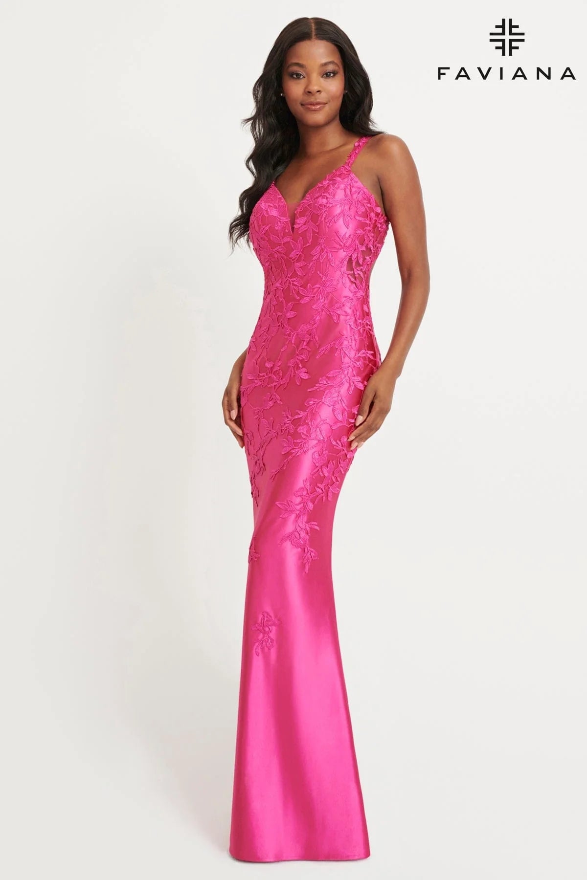 Shiny Satin Dress With Lace Applique And Open Back | 11082