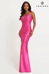 Shiny Satin Dress With Lace Applique And Open Back | 11082