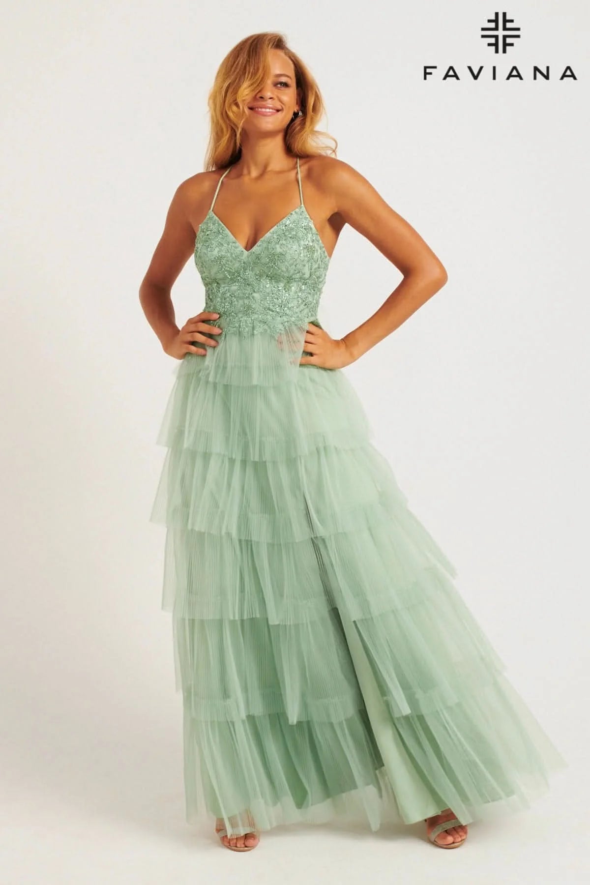 Sage Tiered Pleated Tulle Long Dress With Lace V-Neck Bustier | 11231