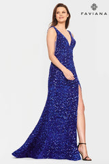 Velvet Sequin Prom Dress With Deep V Neck And Mesh Side Panels