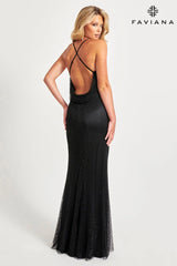 Cowl Back Hotfix Rhinestone Mesh Gown With V-Neck | 11080