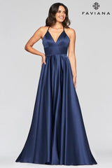 Navy Satin Ballgown Dress With Lace Up Back And V Neck | S10252