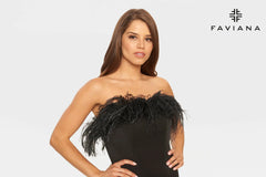 Feather Trim Black Dress With Leg Slit