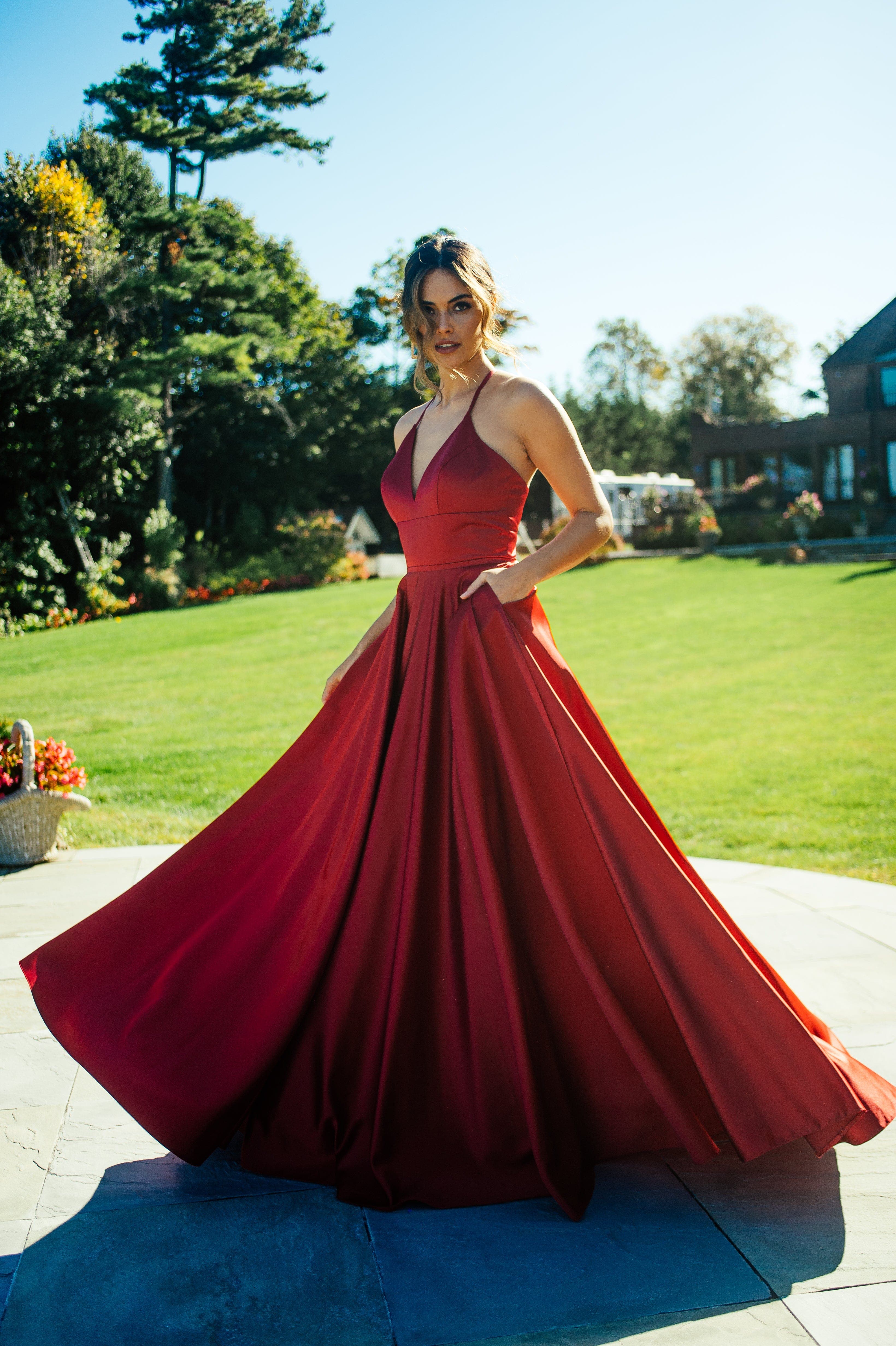 Satin Ballgown Dress With Lace Up Back And V Neck | S10252