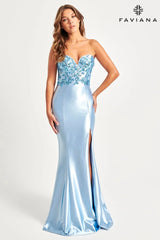 Sleek Shiny Strapless Satin Long Dress With Sequin Appliqué Bustier | 11060