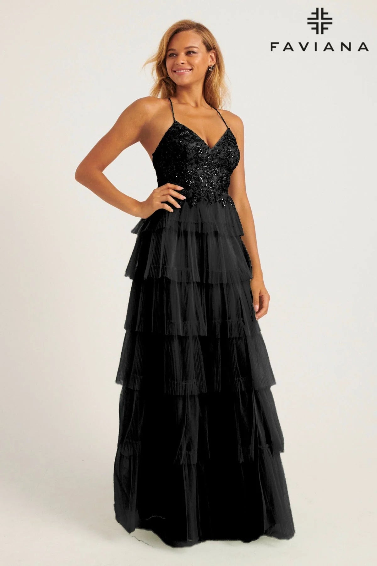 Tiered Pleated Tulle Long Dress With Lace V-Neck Bustier | 11231