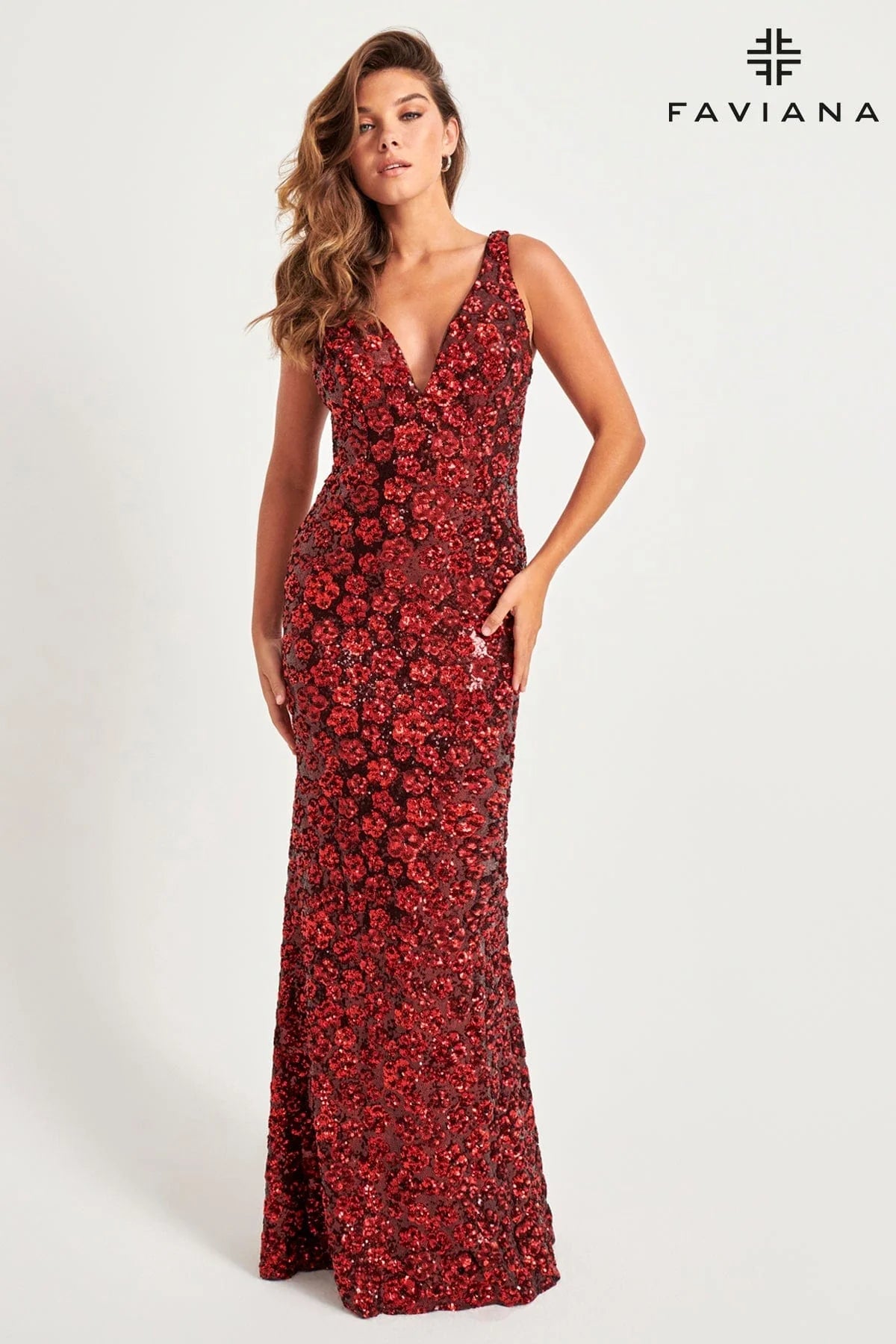 Deep V-Neck Sequin Evening Dress With Floral Pattern | 11038