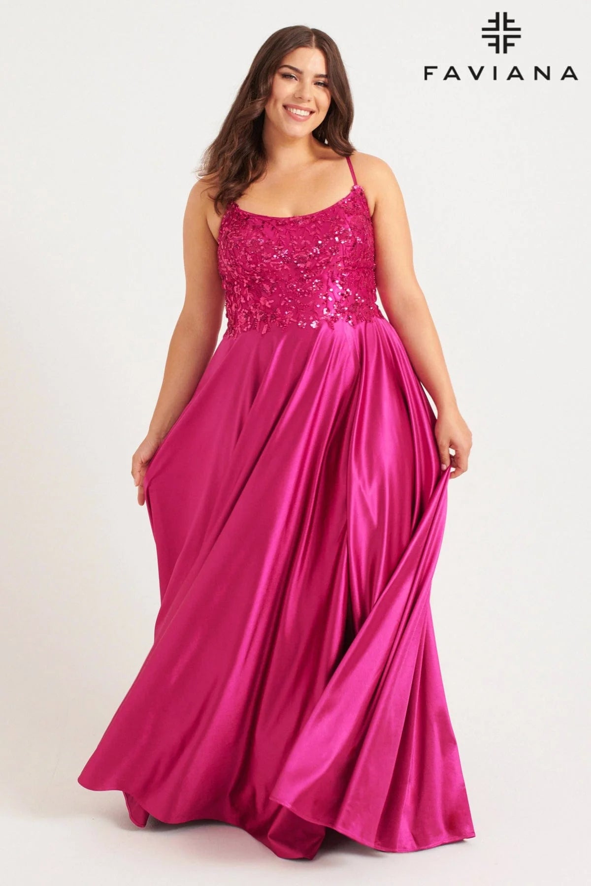 Plus Size Charmeuse Gown With Scoop Neck Beaded Bodice | 9582