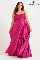 Plus Size Charmeuse Gown With Scoop Neck Beaded Bodice | 9582